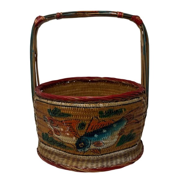 Vtg Asian Woven Rattan Wedding Basket Hand Painted Fish Koi Goldfish Floral 14" - Picture 2 of 8